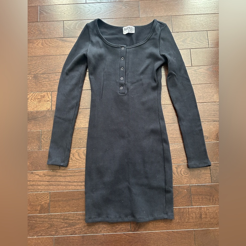 BUCKETLIST Black Ribbed Henley Dress